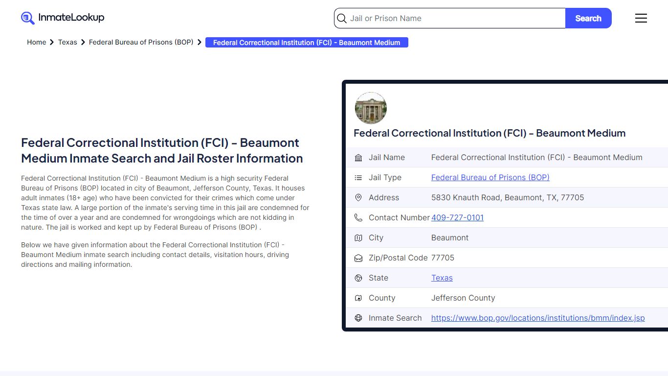 Federal Correctional Institution (FCI) - Beaumont Medium Inmate Search ...